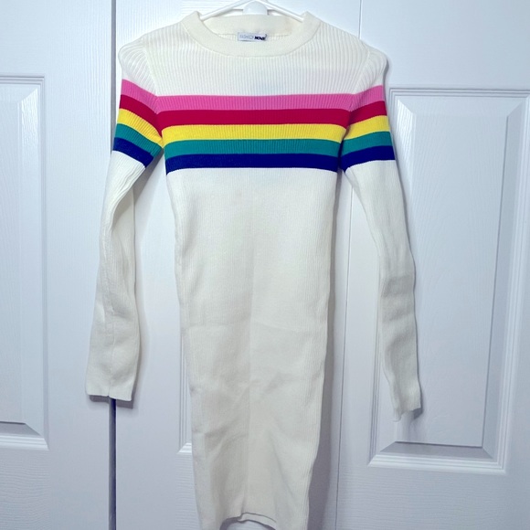 FASHION NOVA RAINBOW STRIPE IVORY SWEATER MINI DRESS - Picture 3 of 6